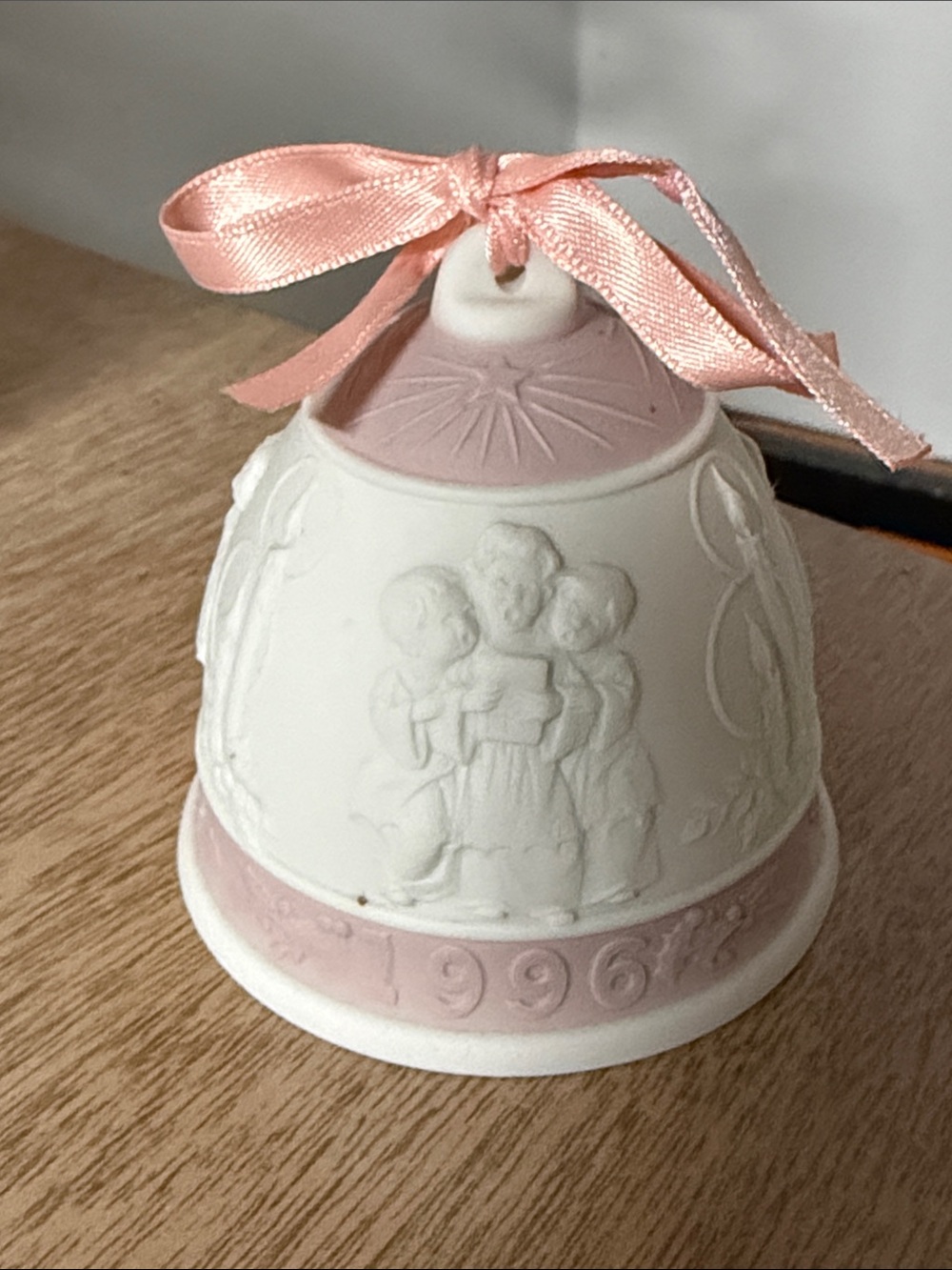 Lladro Pink and White Porcelain Bell Ornament with Ribbon